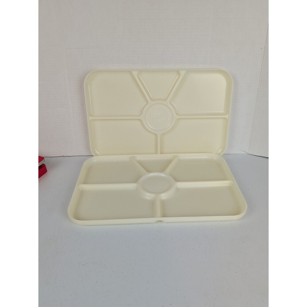 2 Almond Colored Divided Dinner Trays Potluck Camping Picnic Dinner, 6-sections